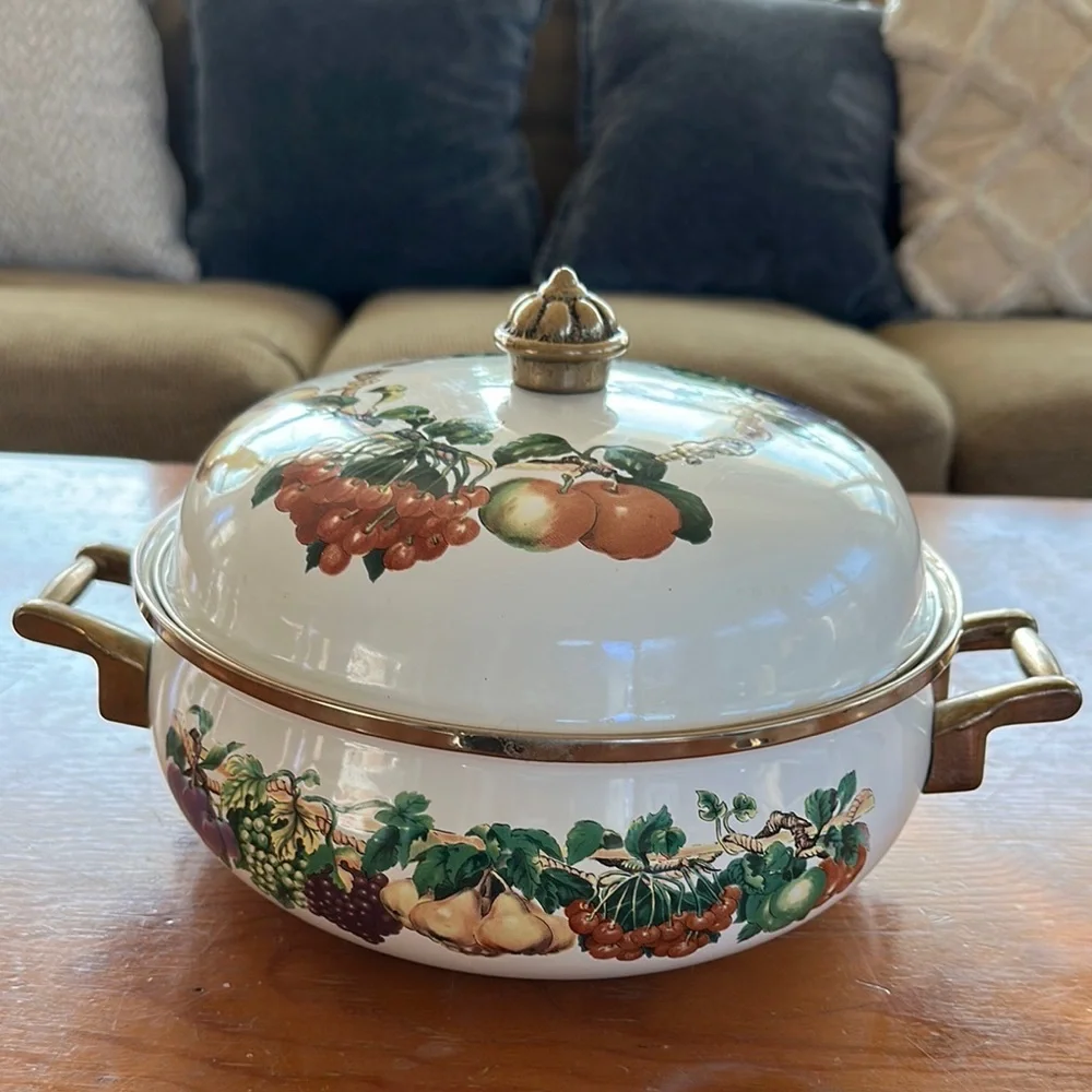 Tabletops Unlimited Vintage Fruit Design Ceramic Casserole pot with lid